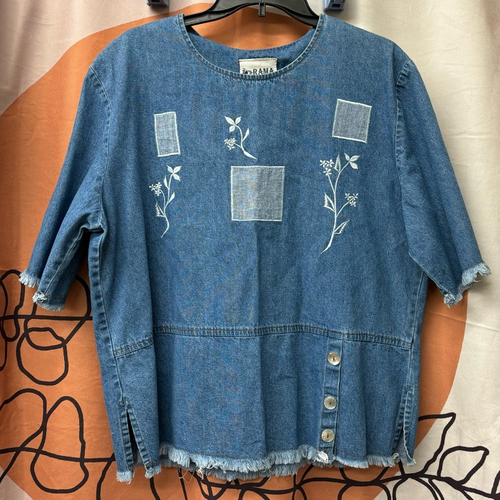 Vintage Rama of USA: boxy, denim patchwork top with embroidery, large.